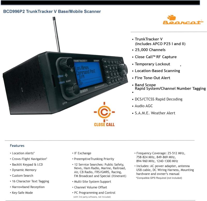BCD996P2 Digital Mobile TrunkTracker V Scanner, 25,000 Dynamically Allocated Channels, Close Call RF Capture Technology, 4-Line Alpha display, Base/Mobile Design, Phase 2 - Image 2