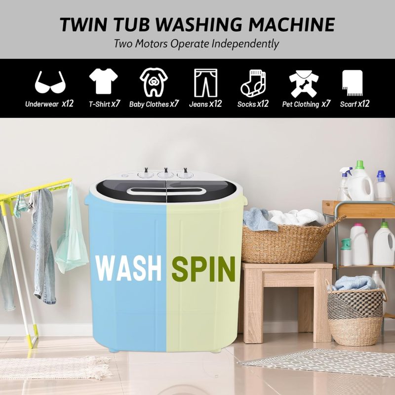 Portable Washing Machine, 15lbs Twin Tub Washer 2 In 1 Mini Compact Laundry Machine, 9lbs+6lbs Washer and Spinner Combo for Dorms, Apartments, RVs(Black) �C 15lbs - Image 11