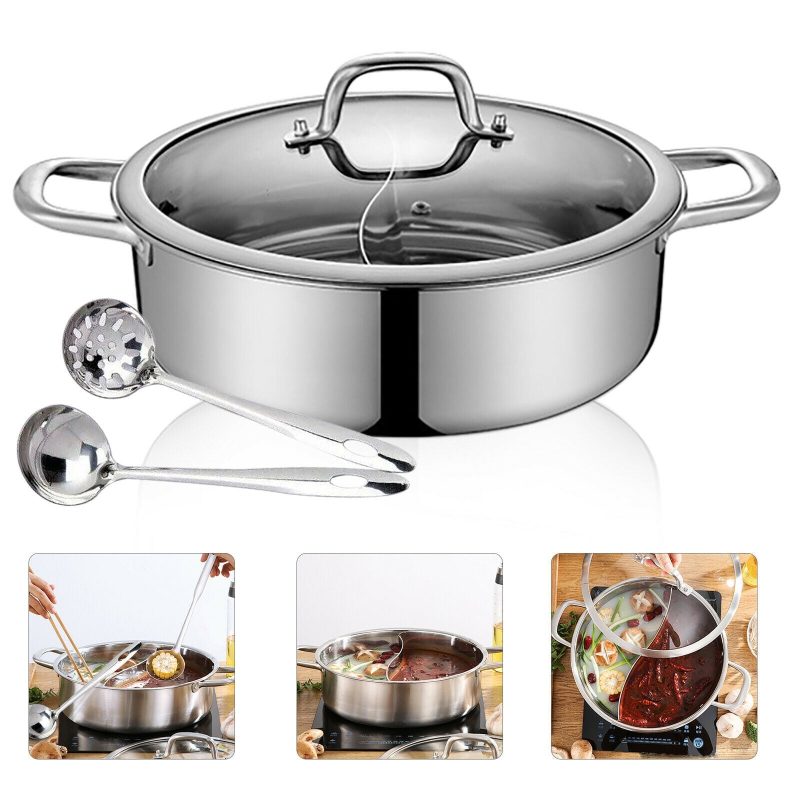 304 Stainless Steel Shabu Shabu Dual Sided Hot Pot W/ Lid And 2 Ladles - Image 2