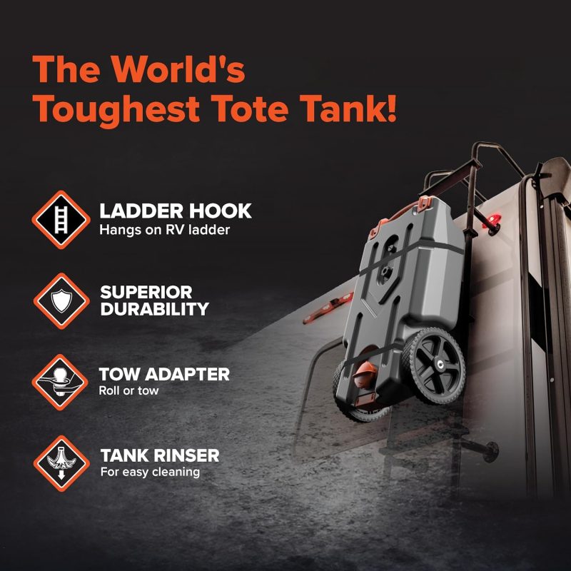 36-Gallon Portable Camper / RV Tote Tank – Features Large Heavy-Duty No-Flat Wheels & Built-In Gate Valve – Removable Steel Tow Adapter, 3’ RV Sewer Hose & More RV Accessories (39006) - Image 2