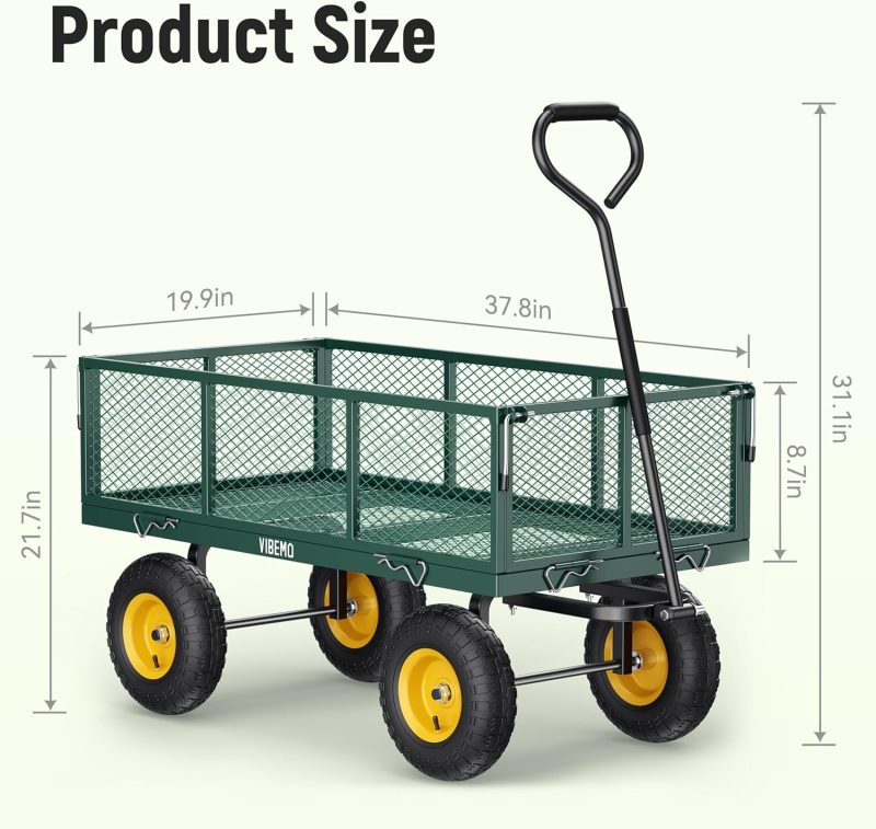 Steel Garden Cart, 2-in-1 1400 lbs Heavy Duty Utility Wagon, with Removable Mesh Sides to Convert into Flatbed, 240° U-Turn 13" Pneumatic Tires Garden Wagon for Farm Yard Lawn Garden Camping - Image 22