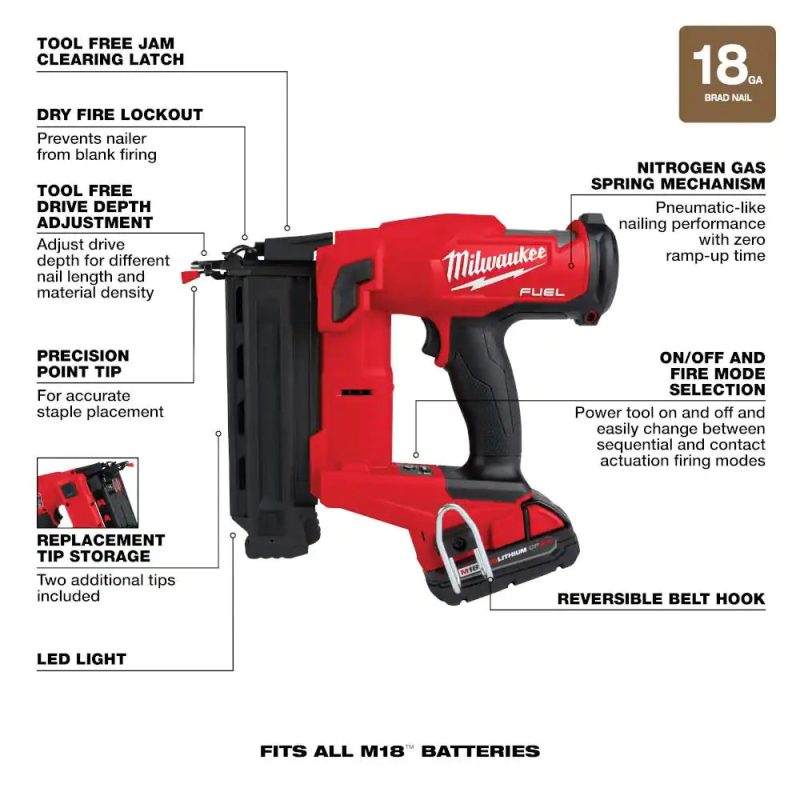 2746-21CT M18 GEN II 18-Volt 18-Gauge Lithium-Ion Brushless Cordless Brad Nailer Kit with One 2.0 Ah Battery, Charger and Bag - Image 16