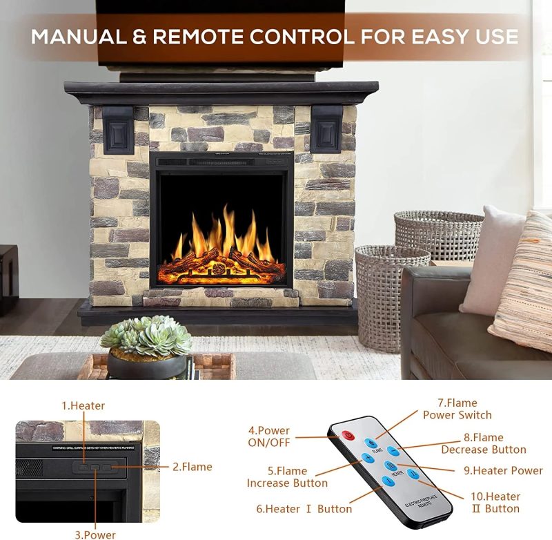 R.W.FLAME Electric Fireplace Mantel Package, 50 inch Freestanding Stone Fireplace Heater TV Stand with Remote Control - Image 2