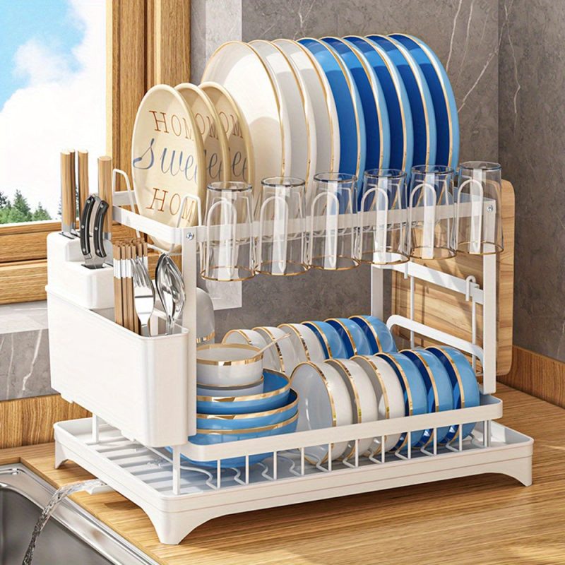 2-Tier Stainless Steel Dish Drying Rack for Kitchen Counter, Over the Sink with Utensil Holder and Cutting Board Storage - Image 8