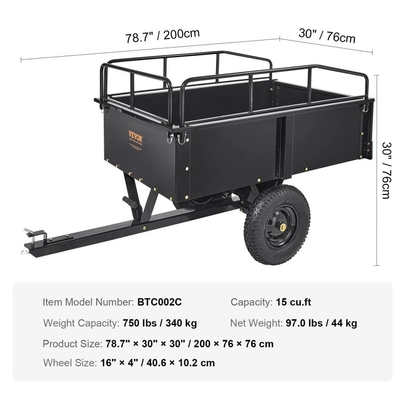 VEVOR Heavy Duty ATV Trailer Steel Dump Cart, 750-Pound 15 Cubic Feet, Garden Utility Trailer with Removable Sides for Riding L - MadeInUSA - Image 5