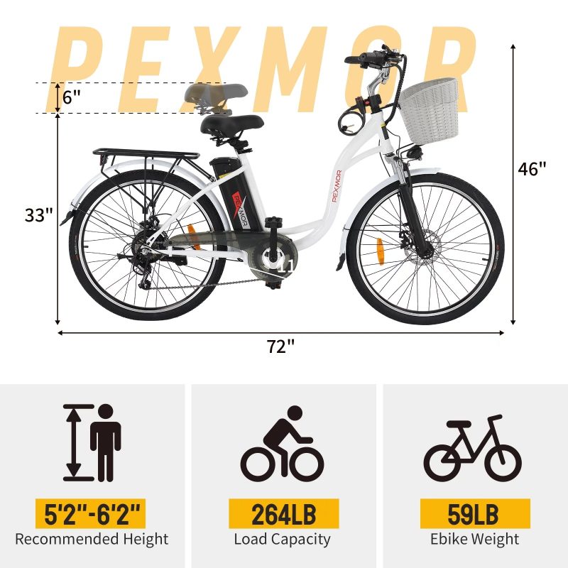 PEXMOR Electric Bike for Adults, 350W (Peak 500W) City Commuter Ebike 36V 12.5AH Removable Battery, 26" Cruiser Electric Bicycle Shimano 6-Speed | Dual Shock Absorber | Basket - Image 8