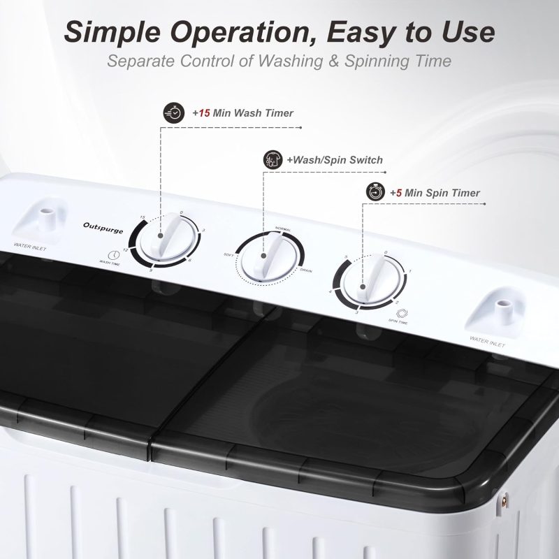 Portable Washing Machine, 15lbs Twin Tub Washer 2 In 1 Mini Compact Laundry Machine, 9lbs+6lbs Washer and Spinner Combo for Dorms, Apartments, RVs(Black) �C 15lbs - Image 21