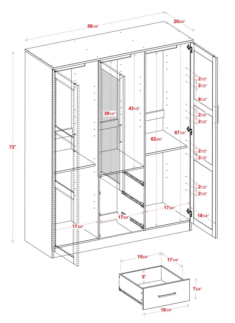 100% Solid Wood Cosmo 3-Door Wardrobe with Raised Panel Doors, Gray - Palace Imports 7115D - MadeInUSA - Image 4