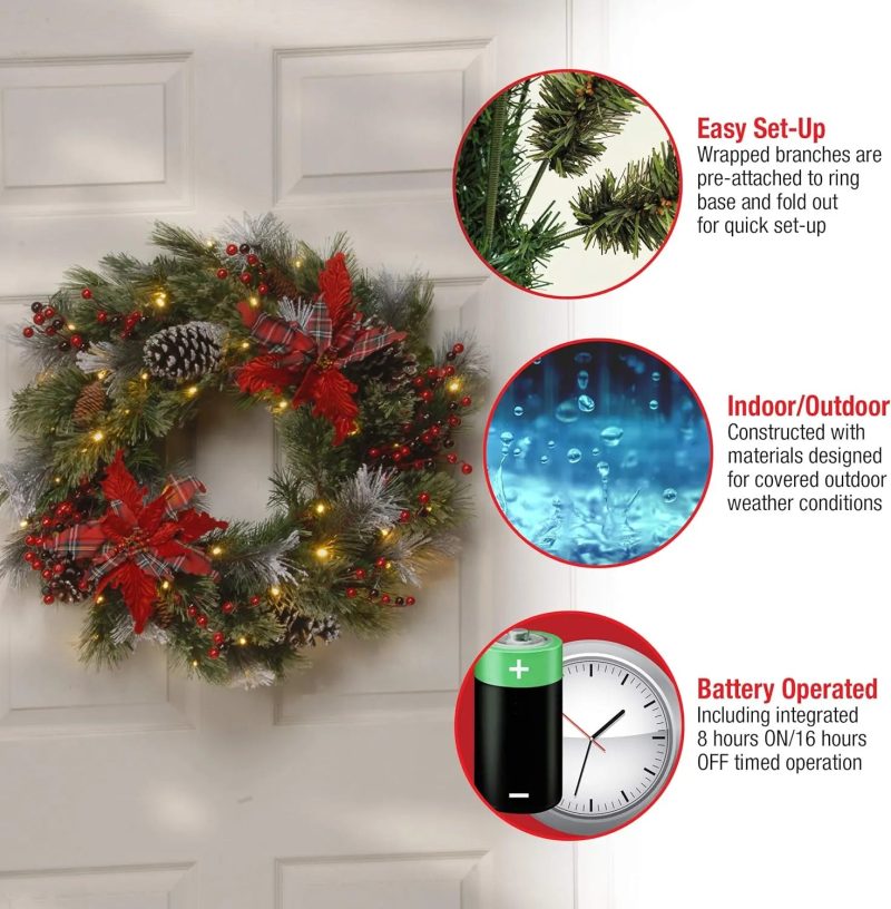 National Tree Company Pre-Lit Artificial Christmas Wreath Green Tartan Plaid White Lights Decorated 24 Inches - Image 4