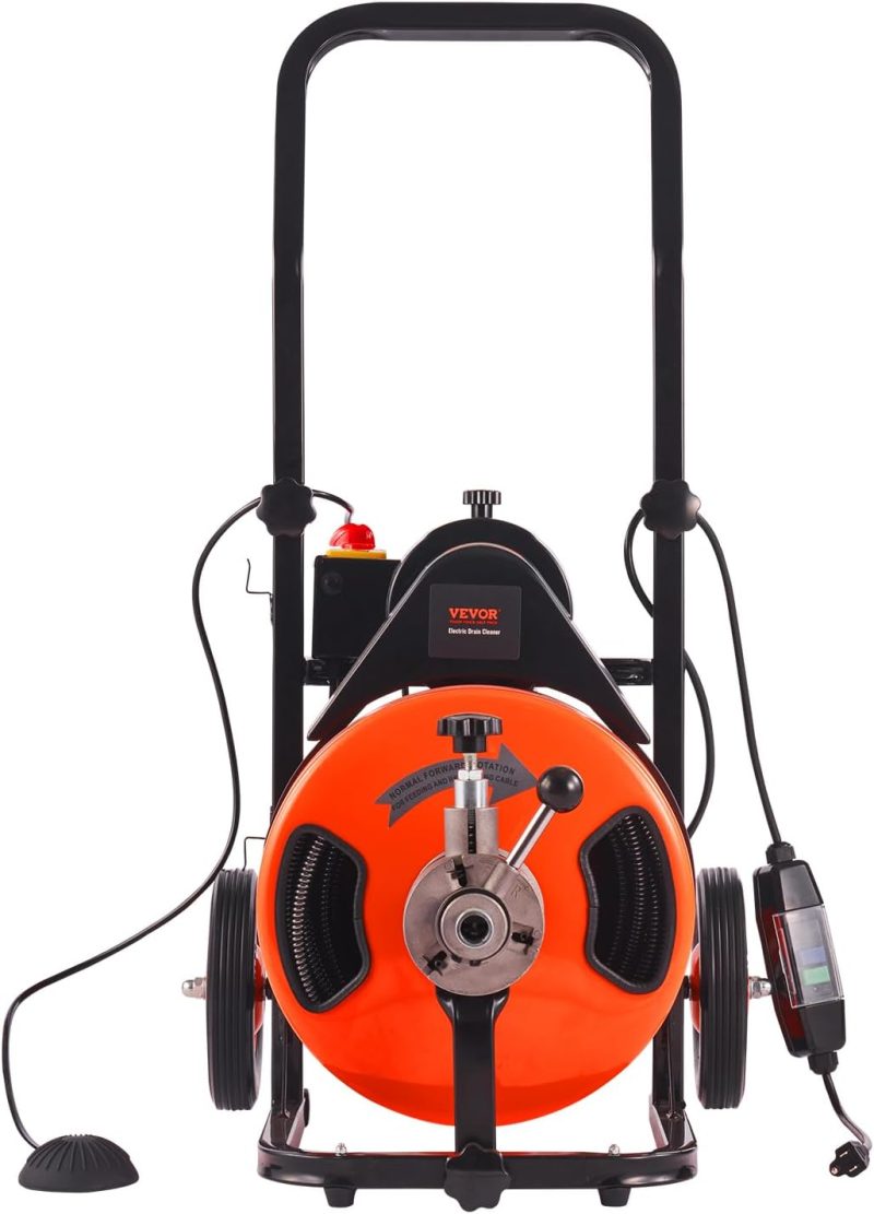 Drain Cleaner Machine 100FT x 1/2Inch, Auto Feed Sewer Snake Auger with 4 Cutter & Air-activated Foot Switch for 1" to 4" Pipes, Orange, Black - Image 9
