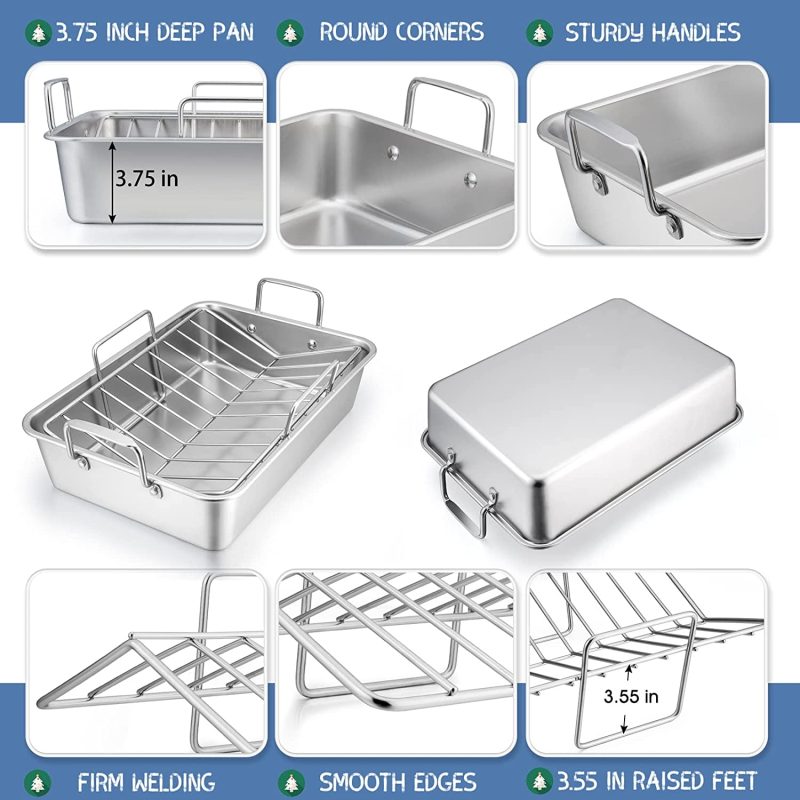 151⁄4” Roasting Pan with Rack, 7 PCS  Stainless Steel Roaster, Lasagna Pan with Cooling Flat & V-Shaped Baking Rack, Grilling Chicken Holder, Meat Shredding Claws, - Image 3