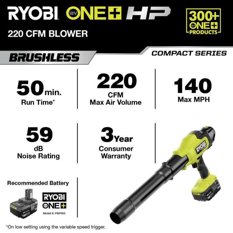 RYOBI ONE+ HP 18V Brushless Cordless Compact Blower, 220 CFM, 140 MPH, Tool-Only - Image 12