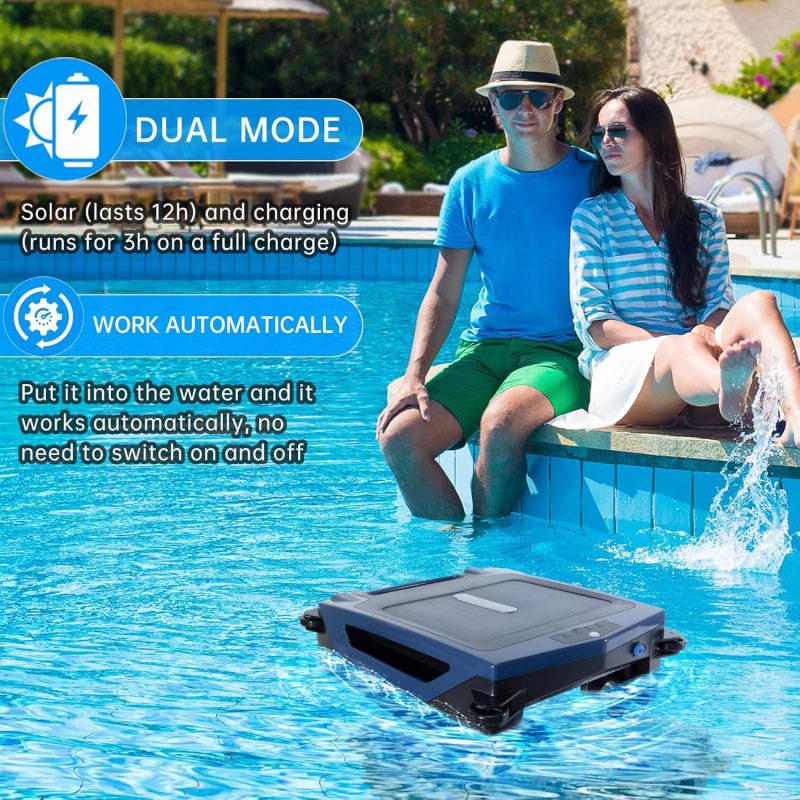 Pool Surface Cleaner Robot with Solar and Rechargeable Dual Mode, Cordless Robotic Pool Cleaner, Smart Pool Skimmer Basket, Automatic Pool Vacuum Cleaner with Auto-Escape and Auto-Turn - Image 2
