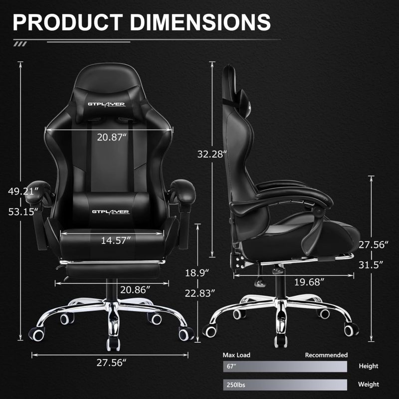 GTPLAYER Gaming Chair, Computer Chair with Footrest and Lumbar Support, Height Adjustable Game Chair with 360  -Swivel Seat and Headrest and for Office or Gaming (White) - Image 34