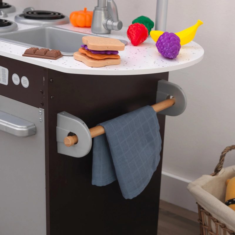 KidKraft Uptown Espresso Wooden Play Kitchen Set with 30-Piece Food Accessories, Chalkboard & Granite-Style Countertops - Image 8