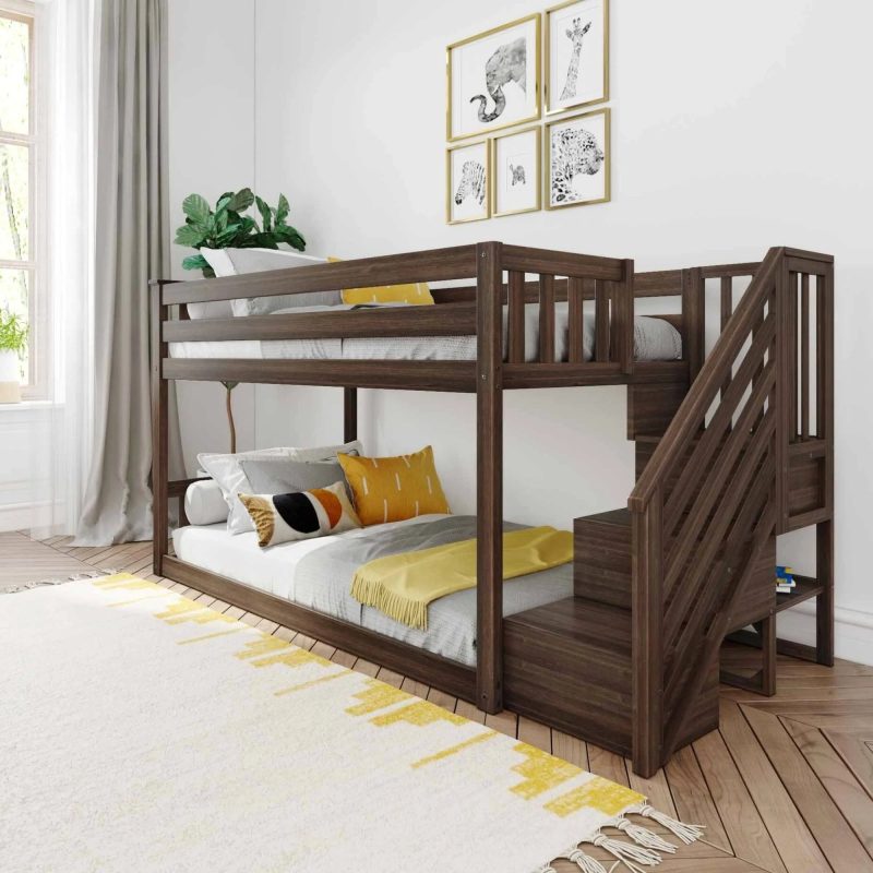 Max and Lily Twin Over Twin Low Bunk Bed with Staircase - Pecan - MadeInUSA - Image 2