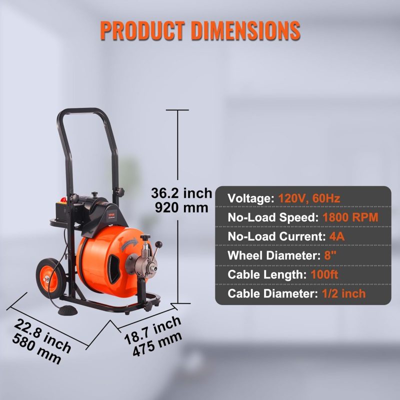 Drain Cleaner Machine 100FT x 1/2Inch, Auto Feed Sewer Snake Auger with 4 Cutter & Air-activated Foot Switch for 1" to 4" Pipes, Orange, Black - Image 7