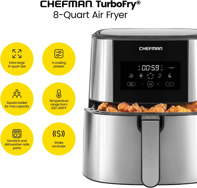 Chefman TurboFry Touch 8-Qt Air Fryer, One-Touch Presets, Nonstick, Dishwasher-Safe, Stainless Steel, Family Size - 图片 2
