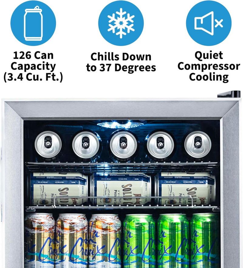 Beverage Refrigerator Cooler | 126 Cans Free Standing with Right Hinge Glass Door | Mini Fridge Beverage Organizer Perfect For Beer, Wine, Soda, And Cooler Drinks - Image 33
