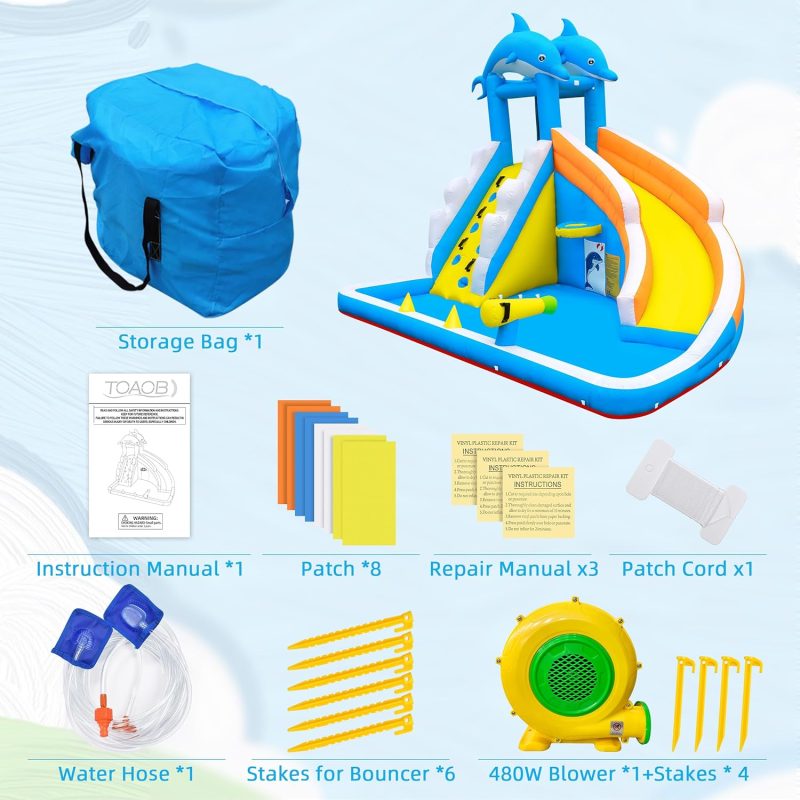 Water Slide,5 in 1 Dolphin Inflatable Bounce House for Kids- Climbing Wall Splash Pool Water Cannon Basketball Rim - 480W Blower - for Indoor Outdoor Backyard Birthday Party - Image 8