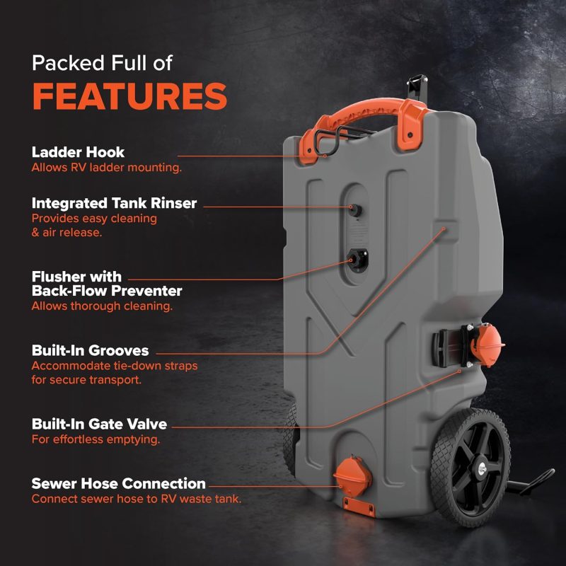 36-Gallon Portable Camper / RV Tote Tank - Features Large Heavy-Duty No-Flat Wheels & Built-In Gate Valve - Removable Steel Tow Adapter, 3 ?RV Sewer Hose & More RV Accessories (39006) - Image 15