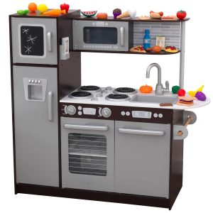 KidKraft Uptown Espresso Wooden Play Kitchen Set with 30-Piece Food Accessories, Chalkboard & Granite-Style Countertops