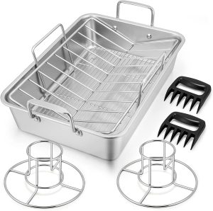 151⁄4” Roasting Pan with Rack, 7 PCS  Stainless Steel Roaster, Lasagna Pan with Cooling Flat & V-Shaped Baking Rack, Grilling Chicken Holder, Meat Shredding Claws,