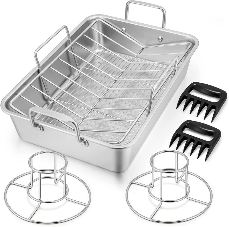 151⁄4” Roasting Pan with Rack, 7 PCS  Stainless Steel Roaster, Lasagna Pan with Cooling Flat & V-Shaped Baking Rack, Grilling Chicken Holder, Meat Shredding Claws,