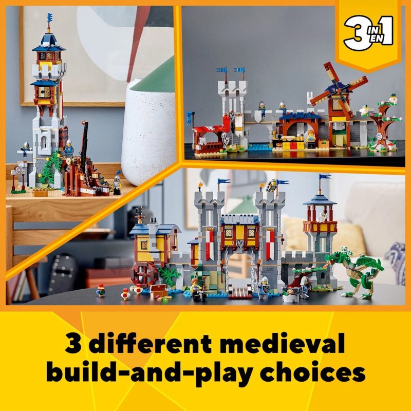LEGO Creator 3 in 1 Medieval Castle Toy, Transforms from Castle to Tower to Marketplace, Includes Skeleton and Dragon Figure, with 3 Minifigures and Catapult, 31120 - Image 3