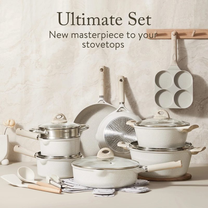 Carote Non Stick Pots and Pans Set, 21 Pcs Induction Kitchen Cookware Sets (Beige Granite) - Image 3