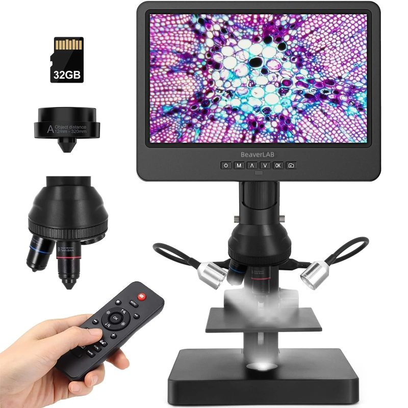10.1 Inch HDMI Digital Microscope, 4000x 3 Lens 2160P UHD Video Record, Biological Microscope Kit for Adults and Kids, Coin Microscope for Error Coins, Prepred Slides, 32G SD Card
