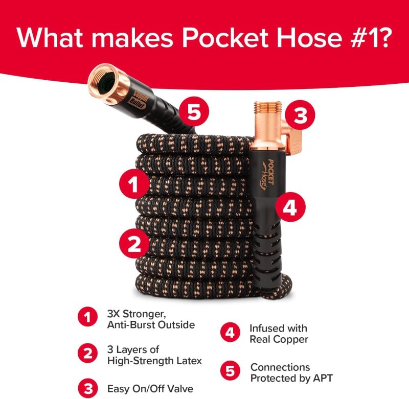 Pocket Hose Copper Bullet 50FT Expandable Garden Hose with 10-Pattern Nozzle, Lead-Free, No-Kink, Ultra-Lightweight, 3/4′′ Copper Fittings - Image 3