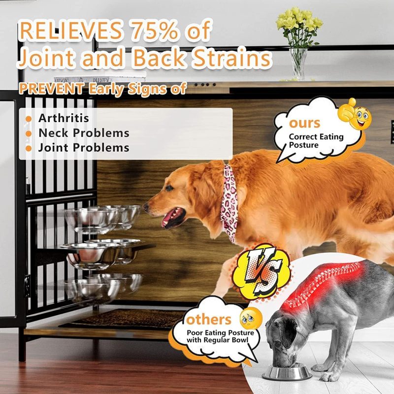 Furniture Style Large Dog Crate with 360° & Adjustable Raised Feeder for Dogs 2 Stainless Steel Bowls -End Table House Pad, Indoor Use,41" L X 24" W 36" H, Classic Brown - Image 14