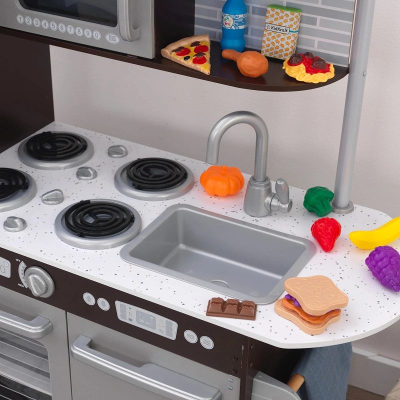 KidKraft Uptown Espresso Wooden Play Kitchen Set with 30-Piece Food Accessories, Chalkboard & Granite-Style Countertops - Image 4