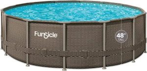Funsicle 16ft x 48in Round Oasis Designer Above Ground Pool, Dark Double Rattan with SkimmerPlus Filter Pump & Ladder - MadeInUSA