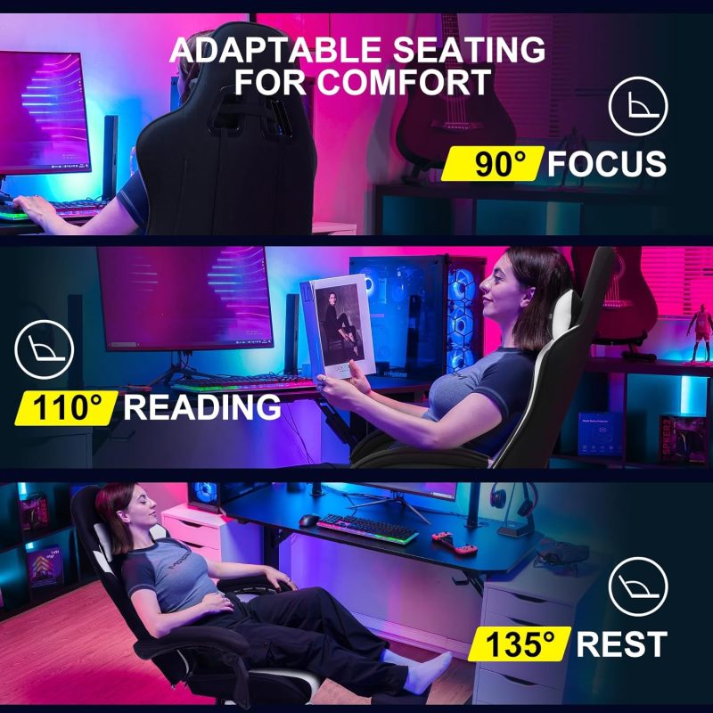 GTPLAYER Gaming Chair, Computer Chair with Footrest and Lumbar Support, Height Adjustable Game Chair with 360  -Swivel Seat and Headrest and for Office or Gaming (White) - Image 52