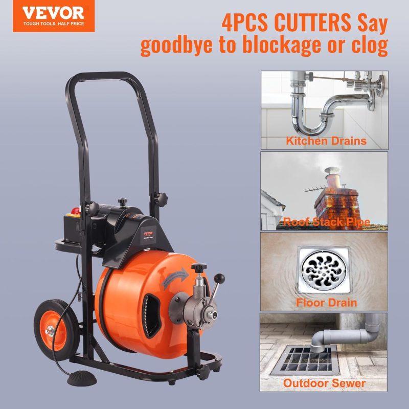 Drain Cleaner Machine 100FT x 1/2Inch, Auto Feed Sewer Snake Auger with 4 Cutter & Air-activated Foot Switch for 1" to 4" Pipes, Orange, Black - Image 2