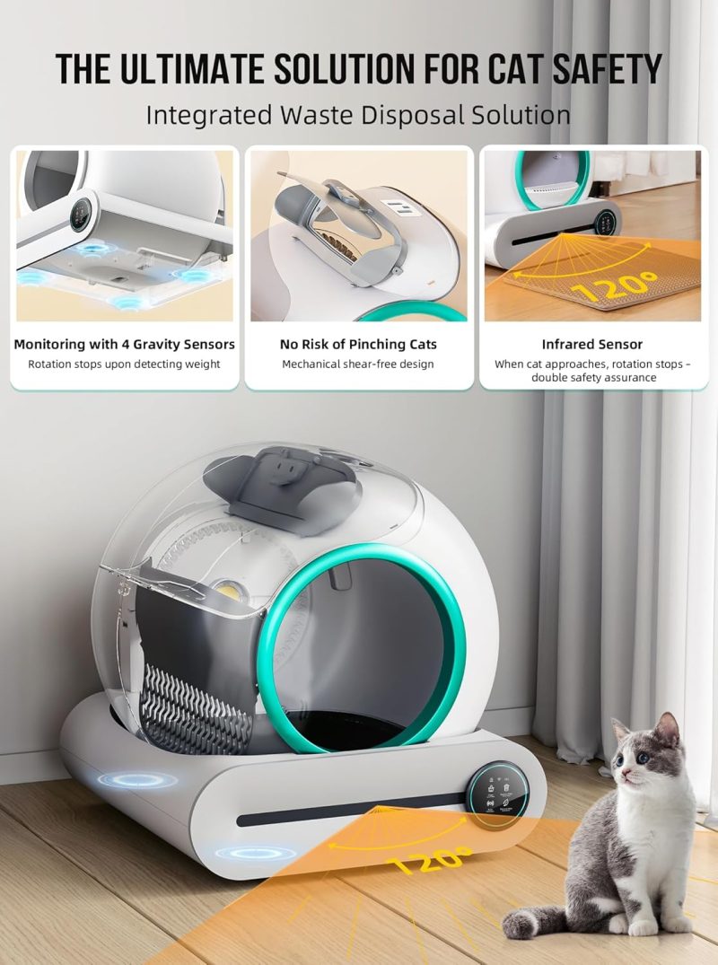 Self Cleaning Cat Litter Box, Automatic Cat Litter Box with Mat & Liners, 65L+9L Large Capacity Self Cleaning Litter Box, APP Control/Suitable for Multiple Cats - Grey - Image 6