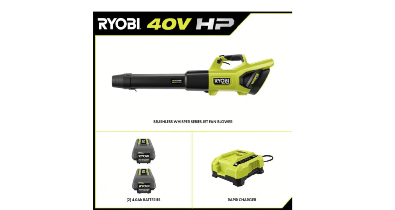 RYOBI 40V HP Brushless Whisper Series Leaf Blower, 730 CFM, 190 MPH, Cordless, Includes 2x 4.0 Ah Batteries & Charger, Quiet 57 dB - Image 2