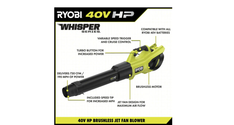 RYOBI 40V HP Brushless Whisper Series Leaf Blower, 730 CFM, 190 MPH, Cordless, Includes 2x 4.0 Ah Batteries & Charger, Quiet 57 dB - Image 3