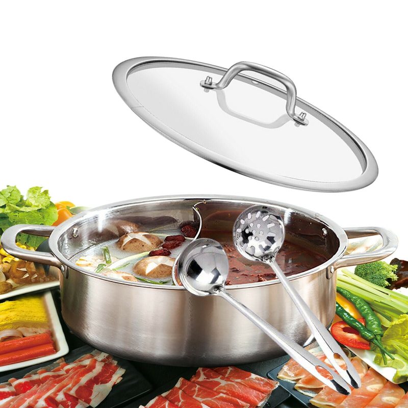304 Stainless Steel Shabu Shabu Dual Sided Hot Pot W/ Lid And 2 Ladles - Image 12