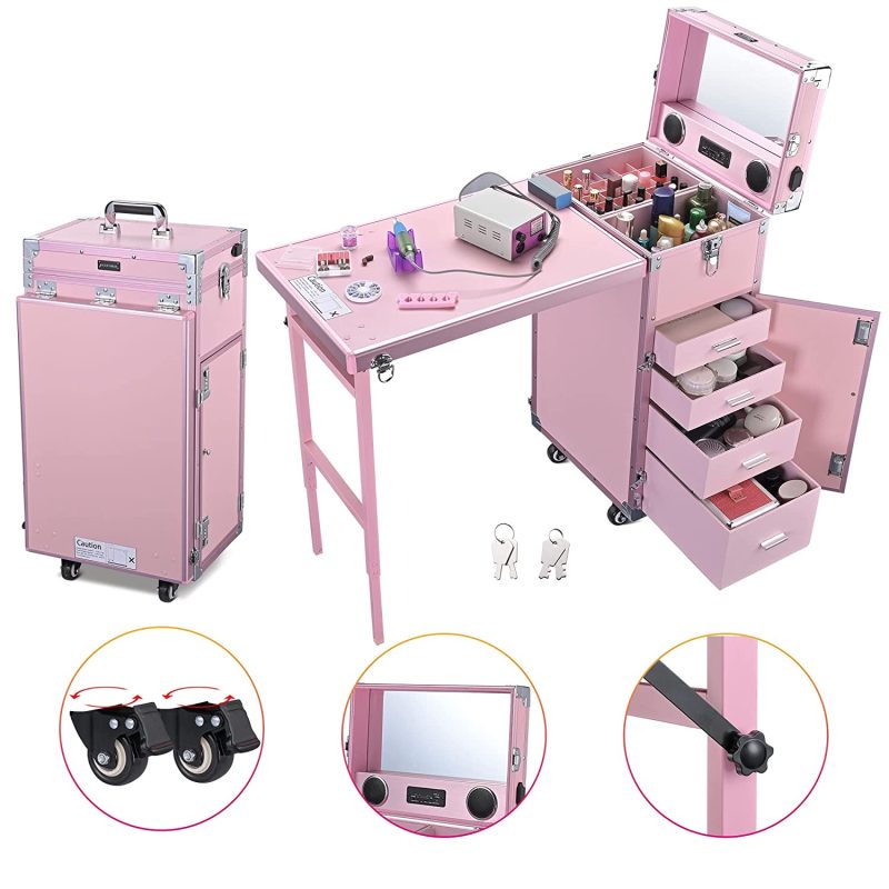 BYOOTIQUE Nail Desk Mobile Station Rolling Makeup Train Case Trolley Cosmetic Manicure Table Mirror 4 Drawers Pink - Image 2