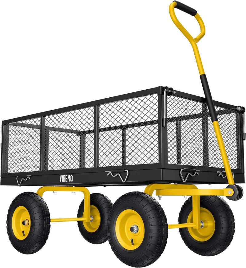 Steel Garden Cart, 2-in-1 1400 lbs Heavy Duty Utility Wagon, with Removable Mesh Sides to Convert into Flatbed, 240° U-Turn 13" Pneumatic Tires Garden Wagon for Farm Yard Lawn Garden Camping - Image 3