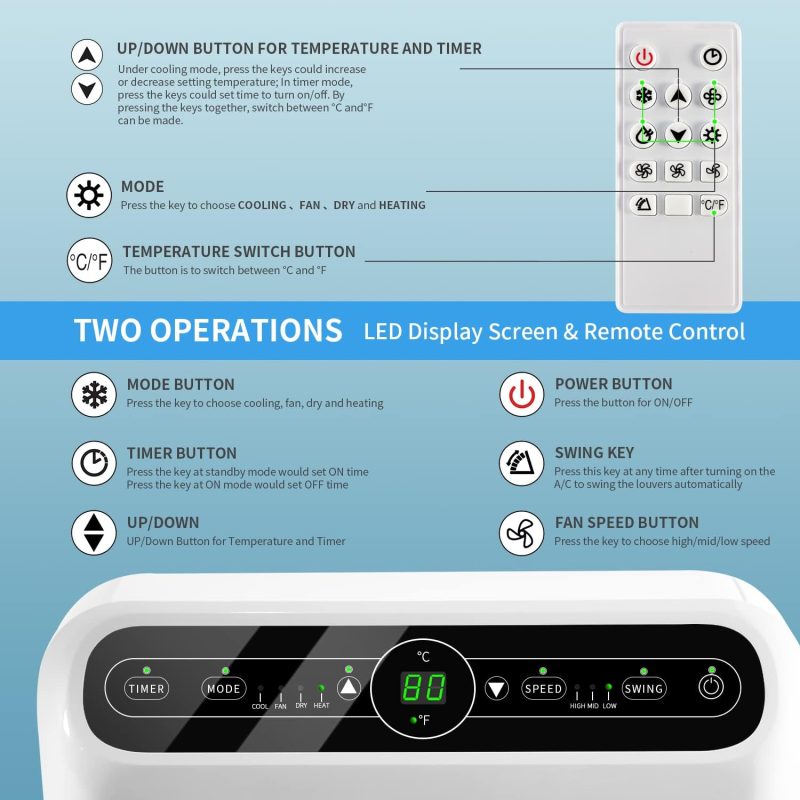 Portable Air Conditioner Cools up to 300 Sq.ft, 4-IN-1 Portable AC Unit with Cooling, Dehumidifier, Fan, 24H Timer (Window Venting Kit Included) - Image 23