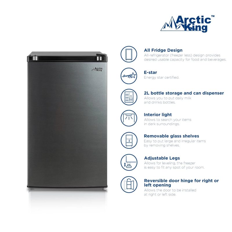 Arctic King 4.4 Cu ft One-Door No Freezer Mini Fridge, Black Stainless Steel Look E-Star, ARM44A5ASL - MadeInUSA - Image 3