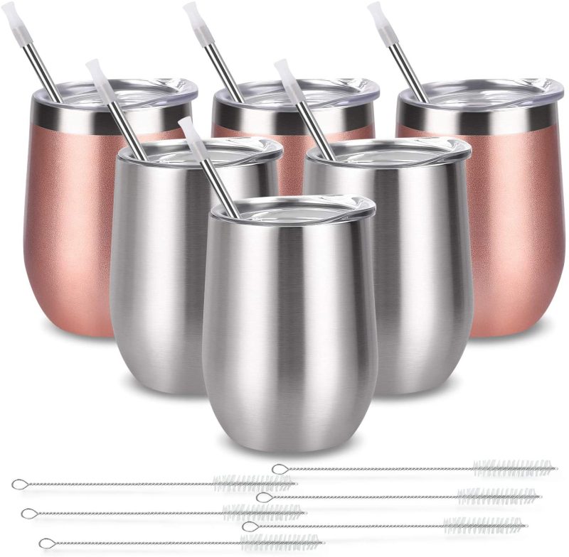 6 Pack 12Oz Stainless Steel, Stemless Wine Tumbler, Glasses Set with Lid & Straw - Image 12