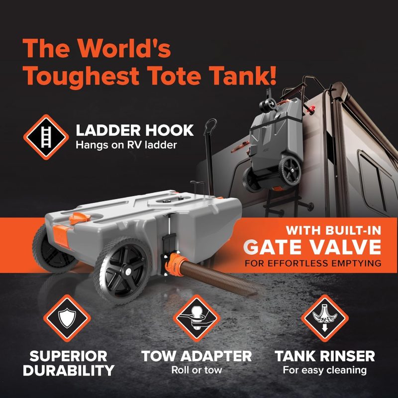 36-Gallon Portable Camper / RV Tote Tank - Features Large Heavy-Duty No-Flat Wheels & Built-In Gate Valve - Removable Steel Tow Adapter, 3 ?RV Sewer Hose & More RV Accessories (39006) - Image 12