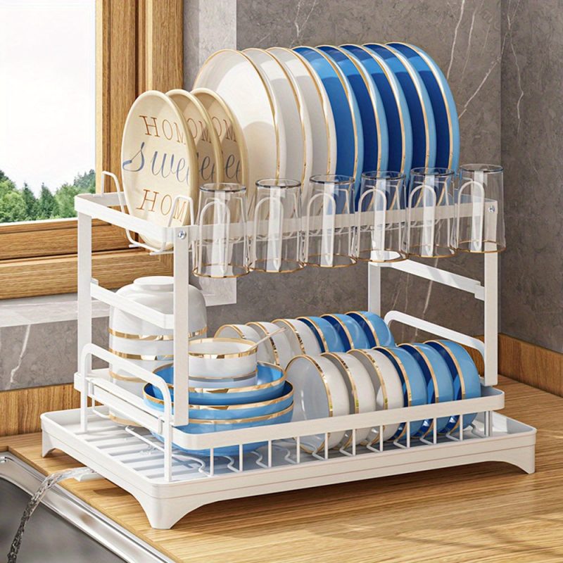 2-Tier Stainless Steel Dish Drying Rack for Kitchen Counter, Over the Sink with Utensil Holder and Cutting Board Storage - Image 10