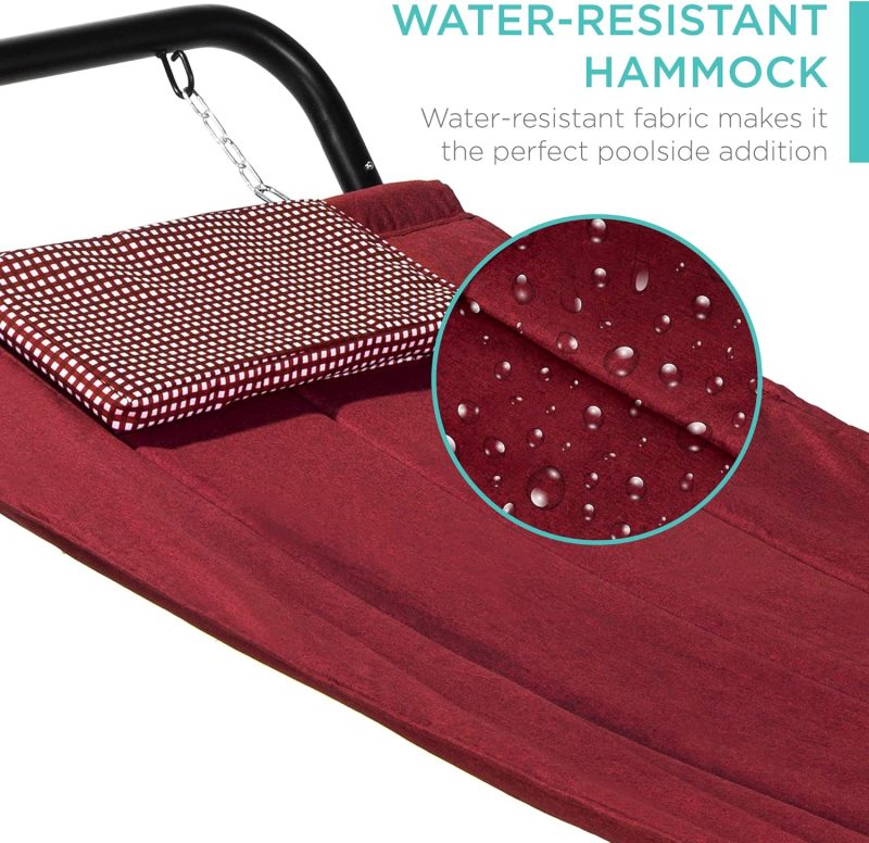 Best Choice Products Outdoor Hammock Bed with Stand for Patio, Backyard, Garden, Poolside w/Weather-Resistant Polyester, 500LB Weight Capacity, Pillow, Storage Pockets - Red - Image 4