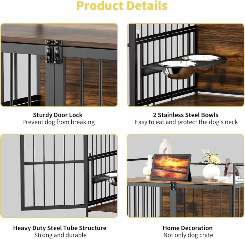 Furniture Style Large Dog Crate with 360° & Adjustable Raised Feeder for Dogs 2 Stainless Steel Bowls -End Table House Pad, Indoor Use,41" L X 24" W 36" H, Classic Brown - Image 6